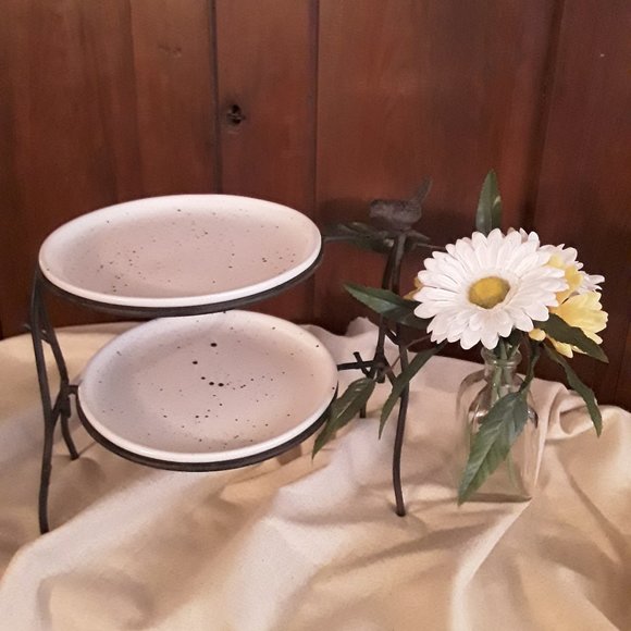 Rustic Bronze Metal Plate & Sauce/Dip Stand with Bird Motif - Picture 2 of 7